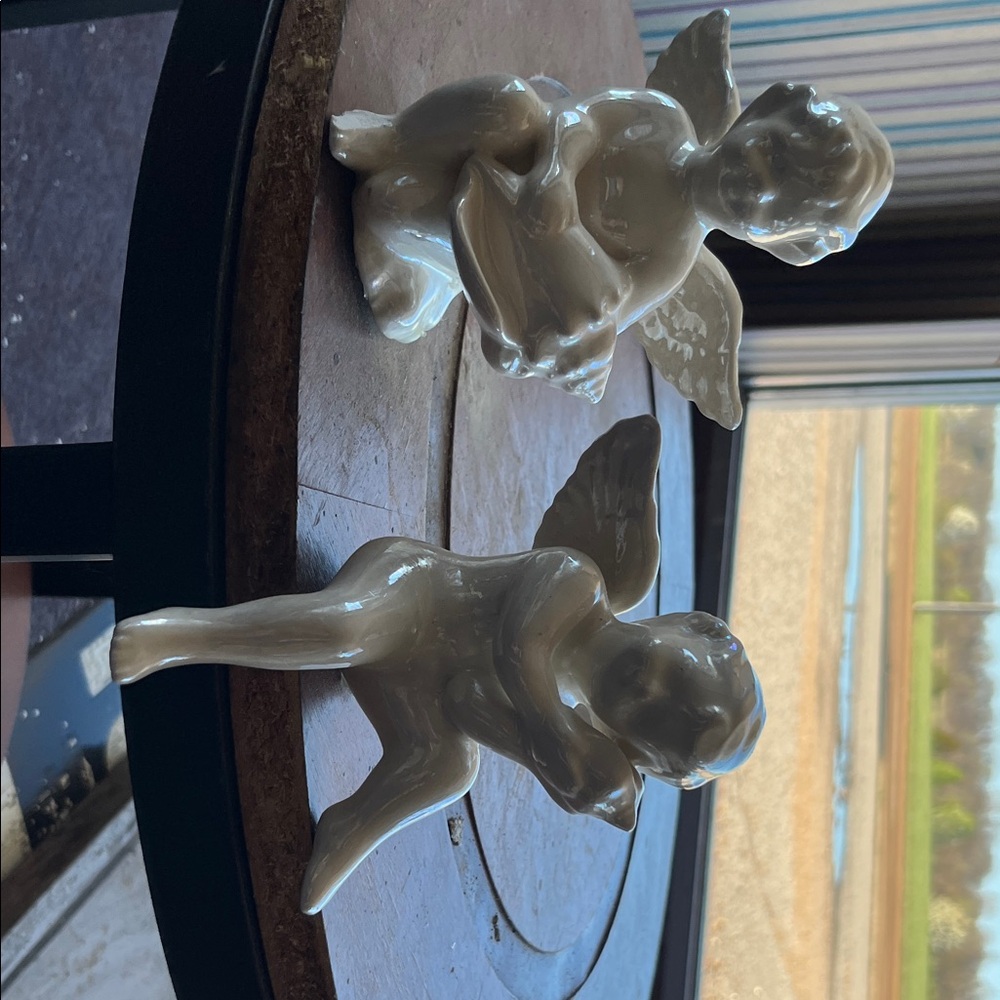 Porcelain Cherub Angel Figurines - Glossy White Pair